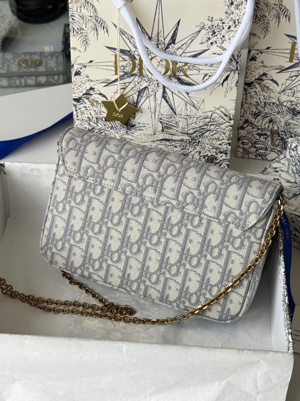 DIOR 25S MEDIUM SADDLE POUCH WITH CHAIN 21 IN GRAY DIOR OBLIQUE JACQUARD CANVAS