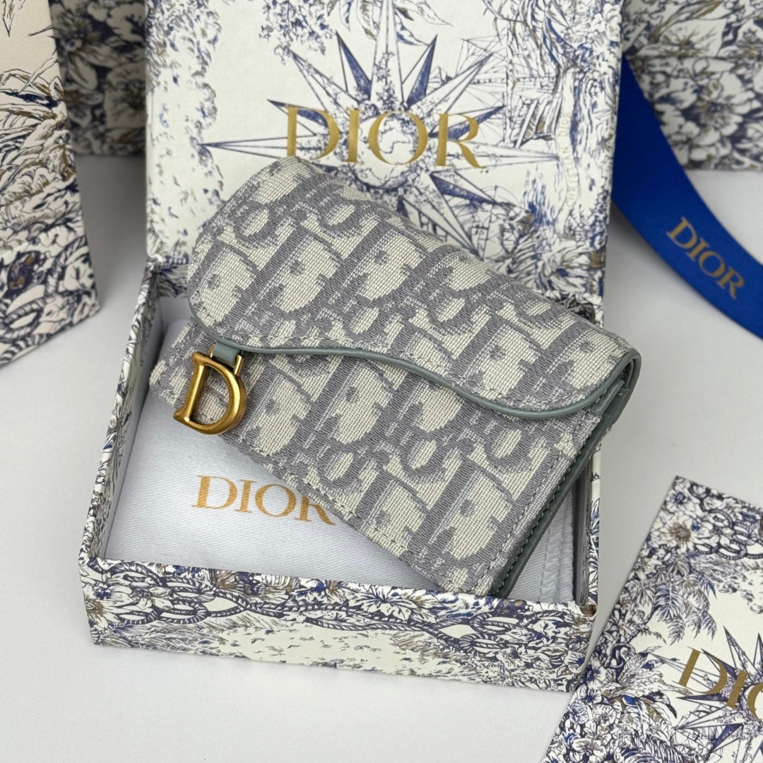 DIOR 25S SADDLE JASMINE GUSSET CARD HOLDER 10 IN GRAY OBLIQUE JACQUARD CANVAS