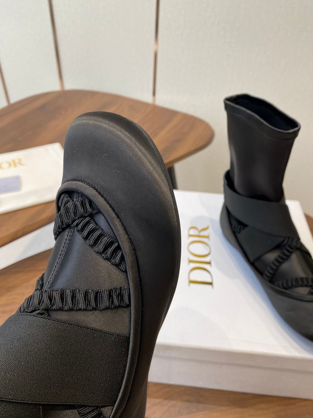 DIOR 25S STRETCH BALLET BOOTS IN BLACK FULL SATIN