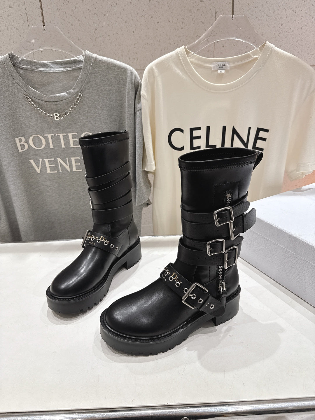 DIOR 25S BIKER BOOTS IN BLACK CALFSKIN WITH SILVER HARDWARE
