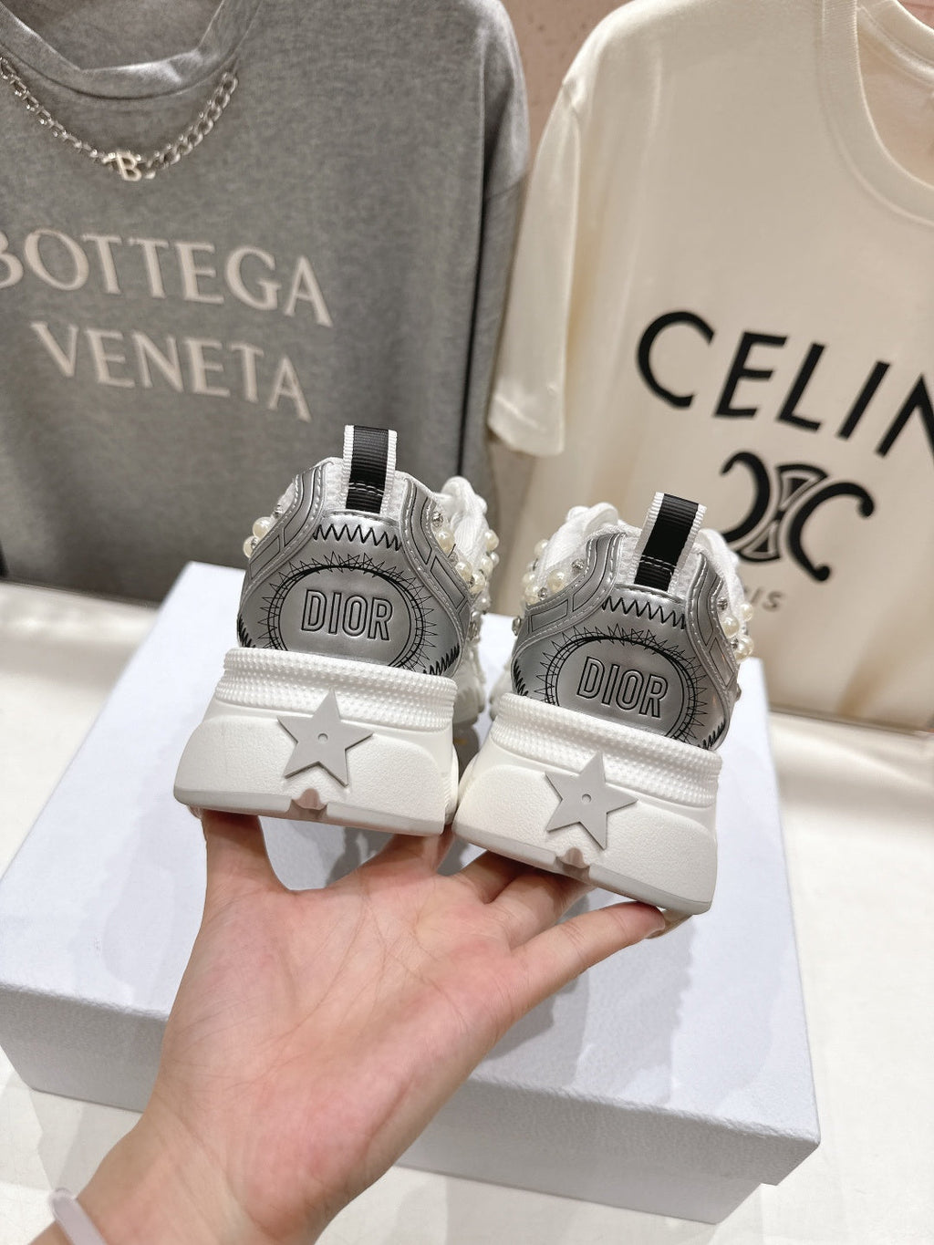 DIOR 25S SNEAKER IN SILVER LAMBSKIN AND MESH FABRIC WITH PEARL DETAILING