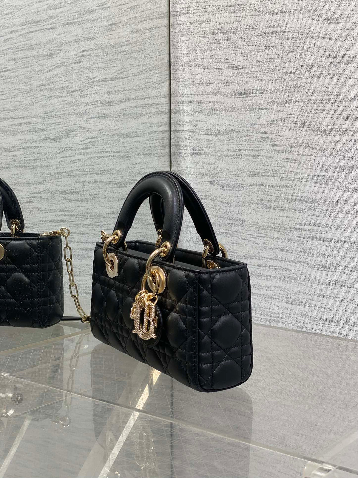 DIOR 25S SMALL LADY D鈥慗OY BAG 22 IN BLACK CALFSKIN GOLD HARDWARE