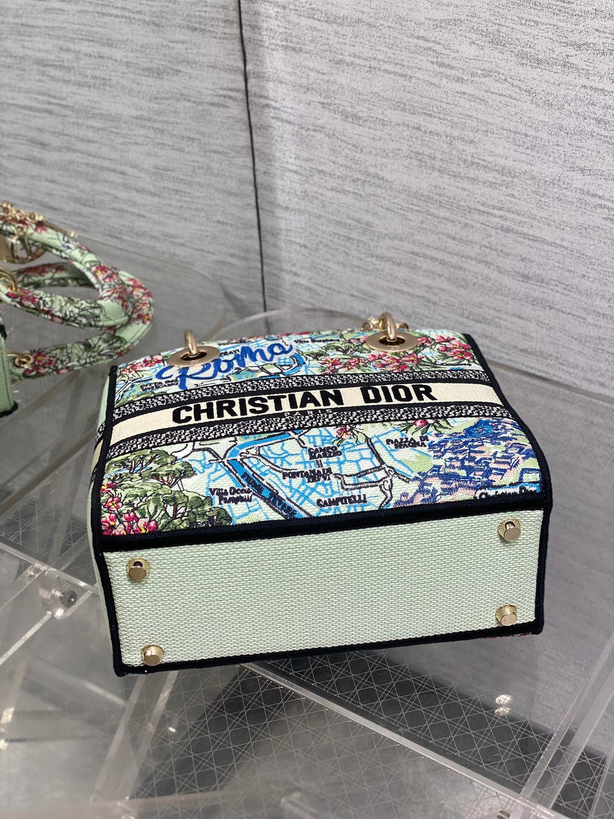 DIOR 25S SMALL LADY D-LITE BAG 24 IN BLUE AND WHITE CANVAS FLORAL EMBROIDERY