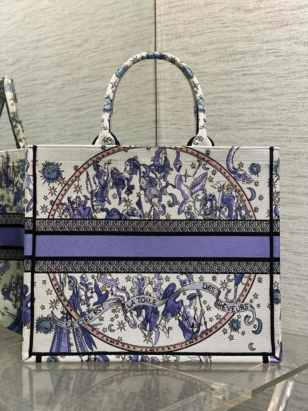 DIOR 25S LARGE BOOK TOTE 42 IN WHITE AND PURPLE DIOR NIGHT OF DREAMS EMBROIDERY
