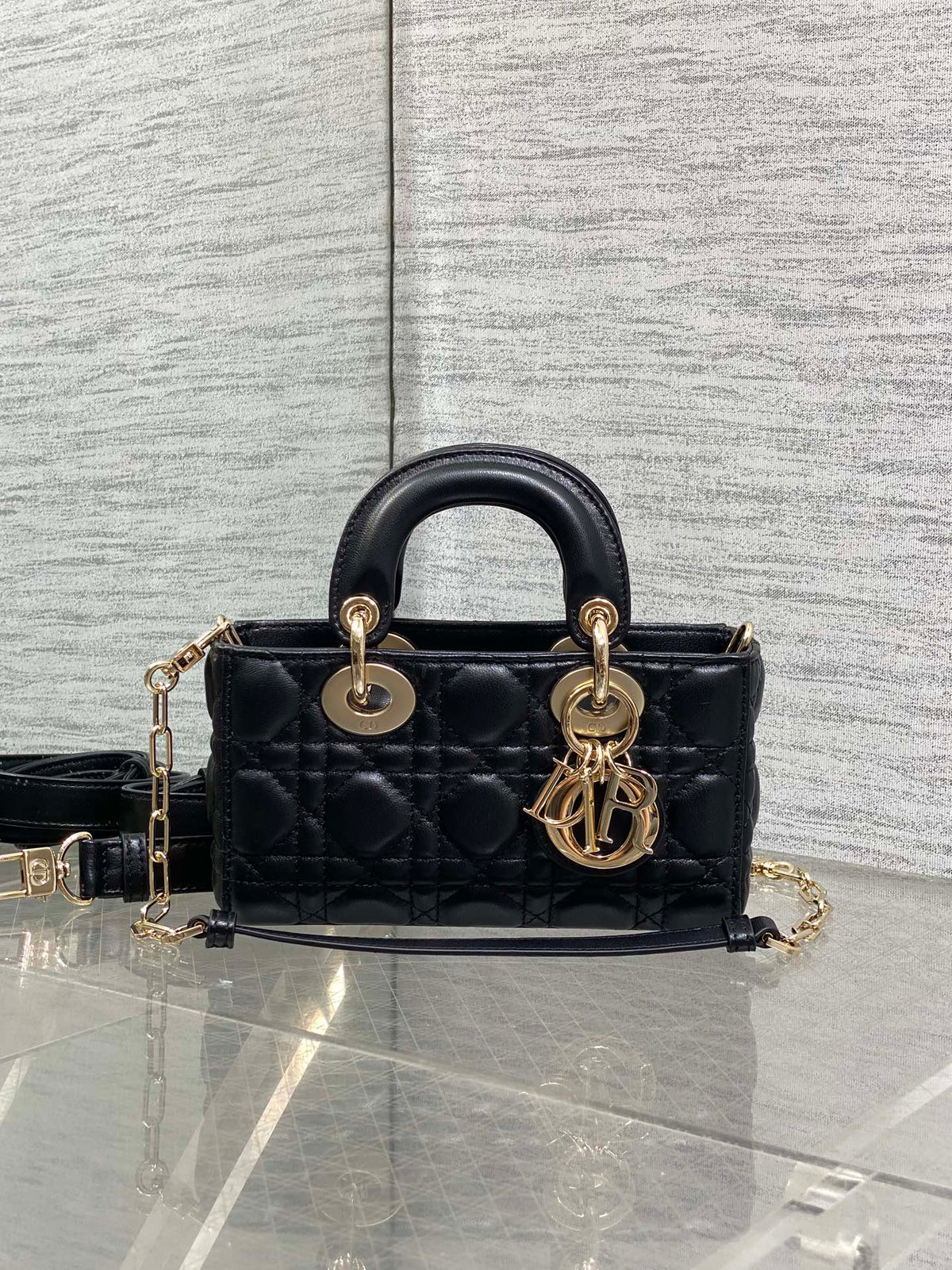 DIOR 25S MICRO LADY D-JOY 19 IN BLACK CALFSKIN GOLD HARDWARE