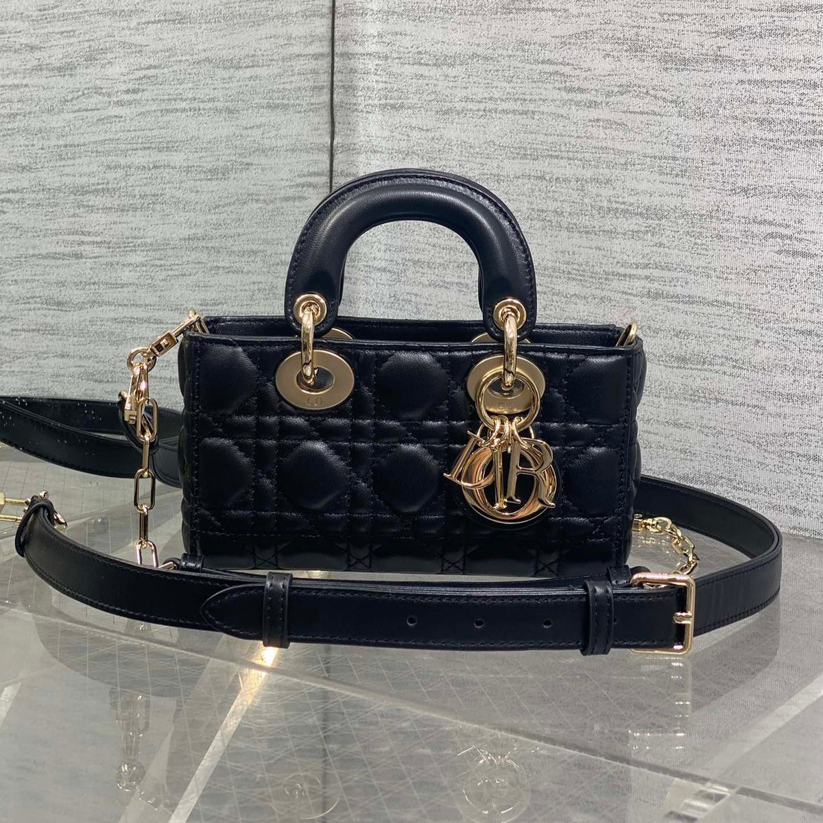 DIOR 25S MICRO LADY D-JOY 19 IN BLACK CALFSKIN GOLD HARDWRE