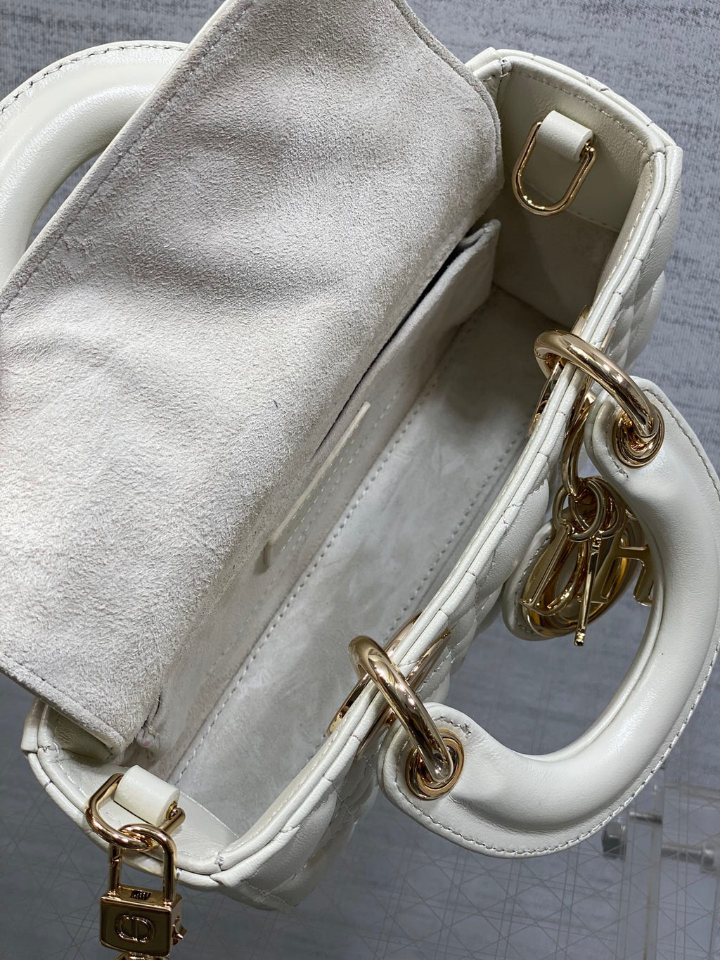 DIOR 25S MICRO LADY D-JOY 19 IN IVORY CALFSKIN GOLD HARDWRE