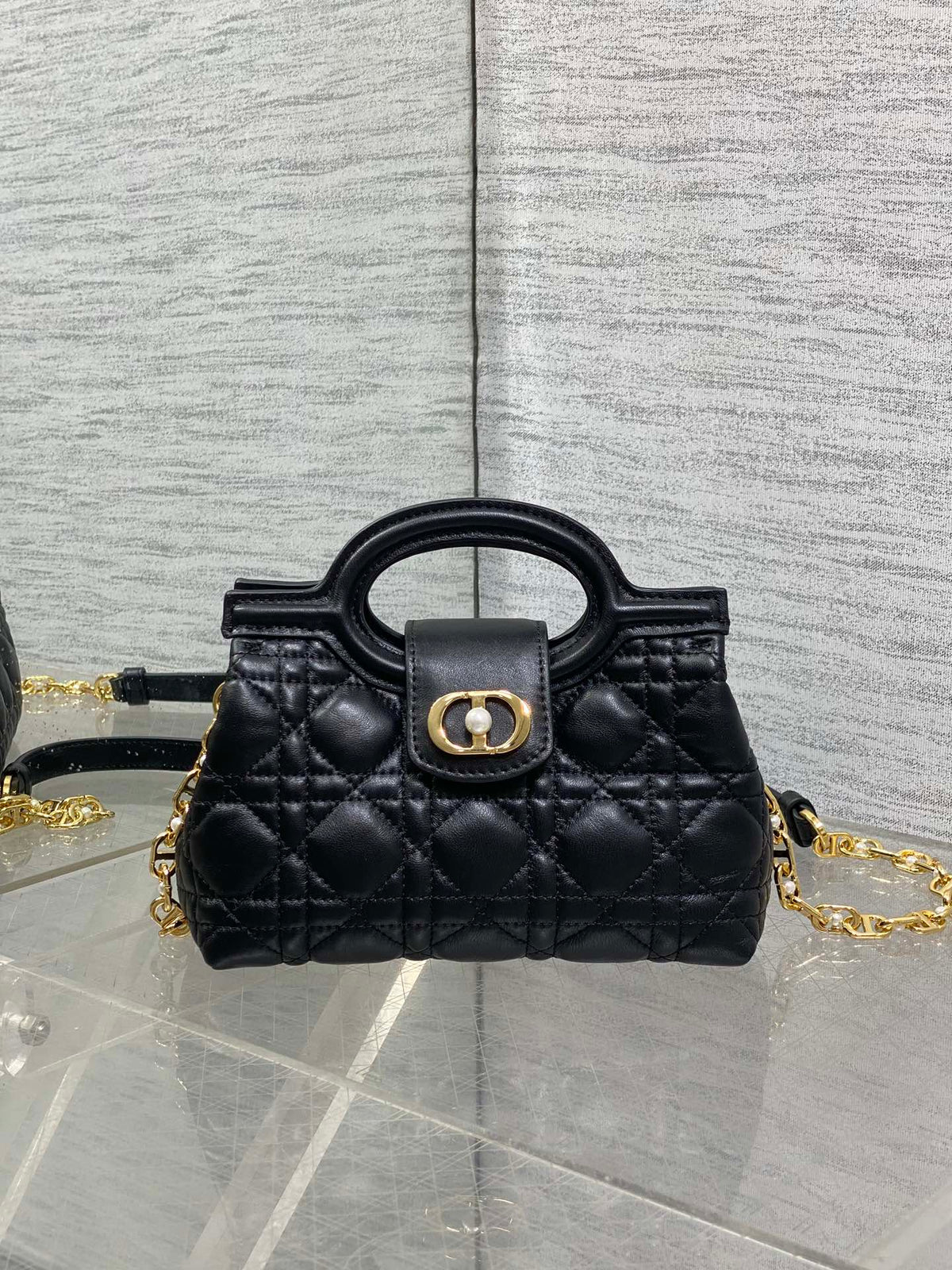 DIOR 25S JOLIE TOP HANDLE MINI BAG 18 IN BLACK CALFSKIN GOLD HARDWARE