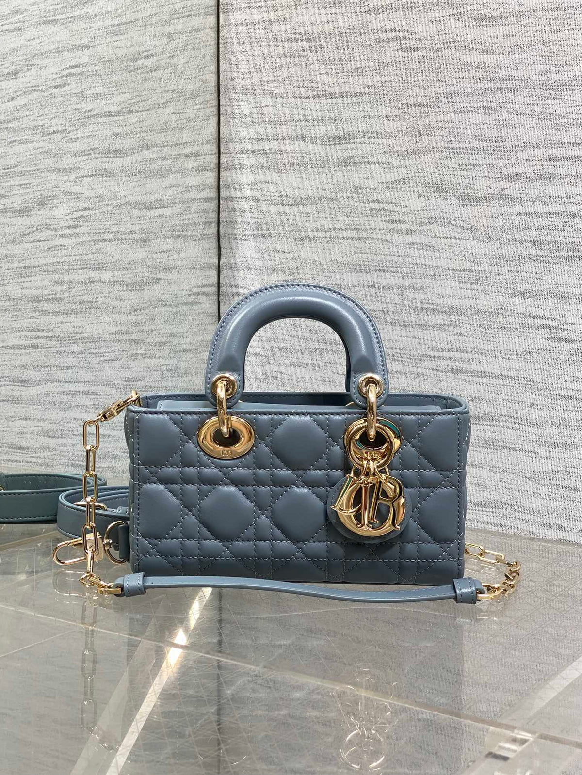 DIOR 25S SMALL LADY D鈥慗OY BAG 19 IN STEEL BLUE GRAY CANNAGE CALFSKIN GOLD HARDWRE
