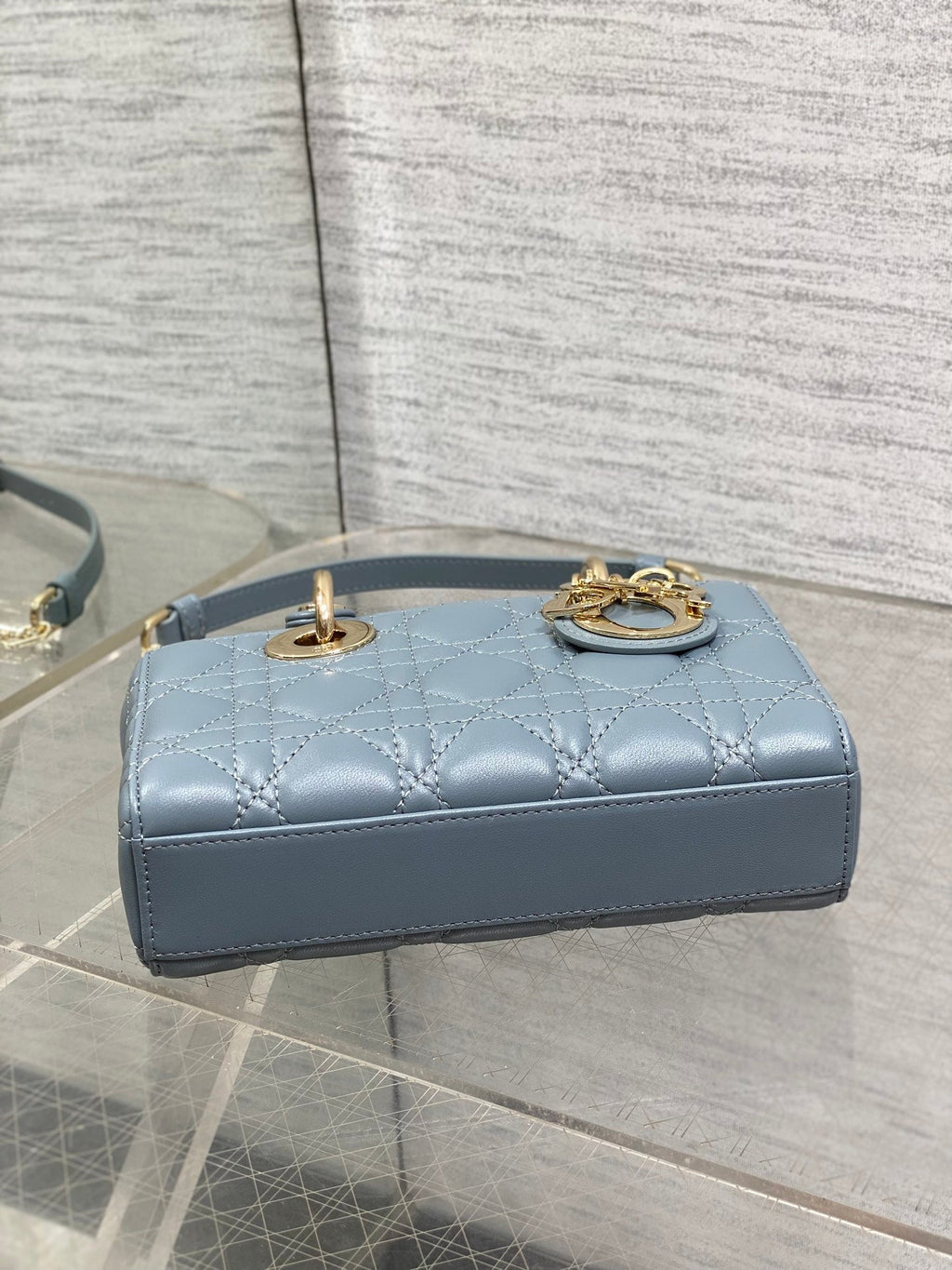 DIOR 25S SMALL LADY D鈥慗OY BAG 19 IN STEEL BLUE GRAY CANNAGE CALFSKIN GOLD HARDWRE