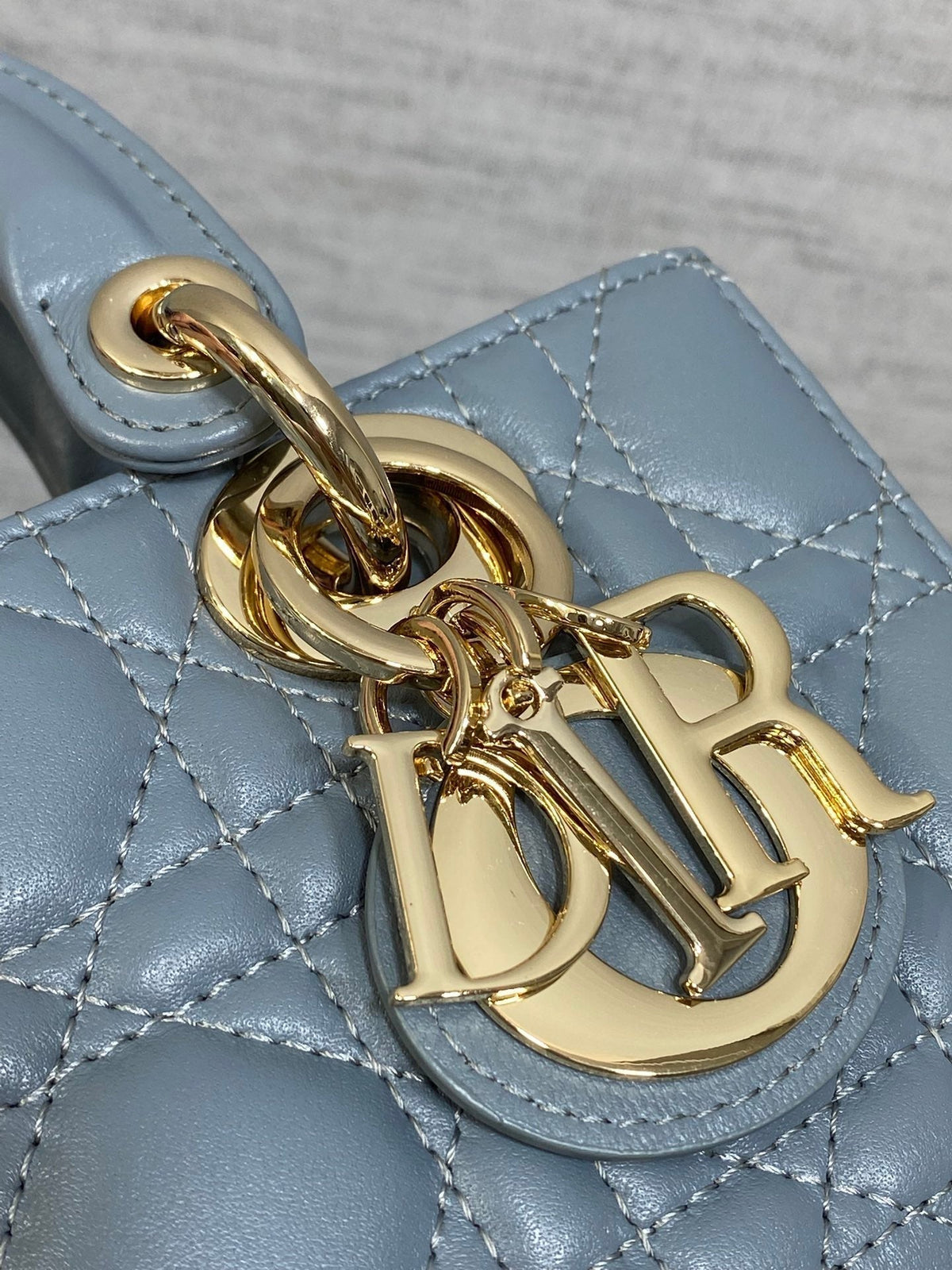DIOR 25S SMALL LADY D鈥慗OY BAG 19 IN STEEL BLUE GRAY CANNAGE CALFSKIN GOLD HARDWRE