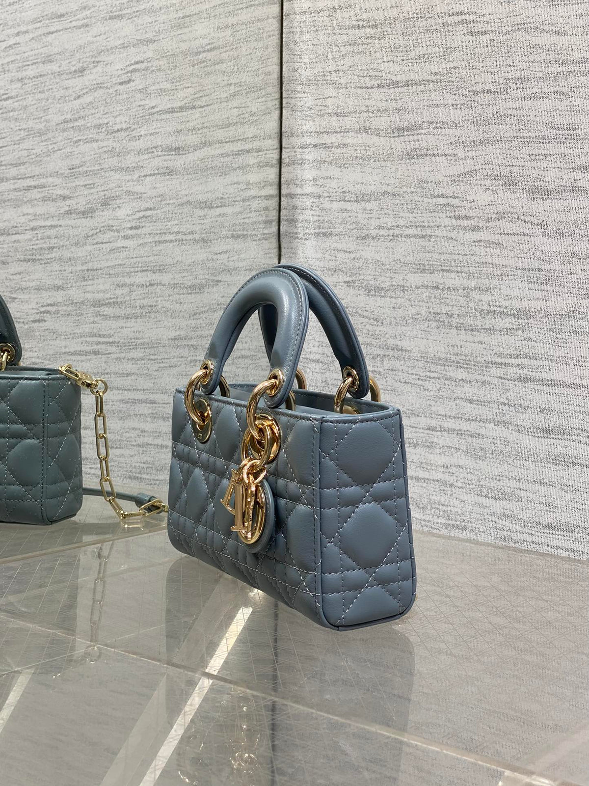 DIOR 25S SMALL LADY D鈥慗OY BAG 19 IN STEEL BLUE GRAY CANNAGE CALFSKIN GOLD HARDWRE