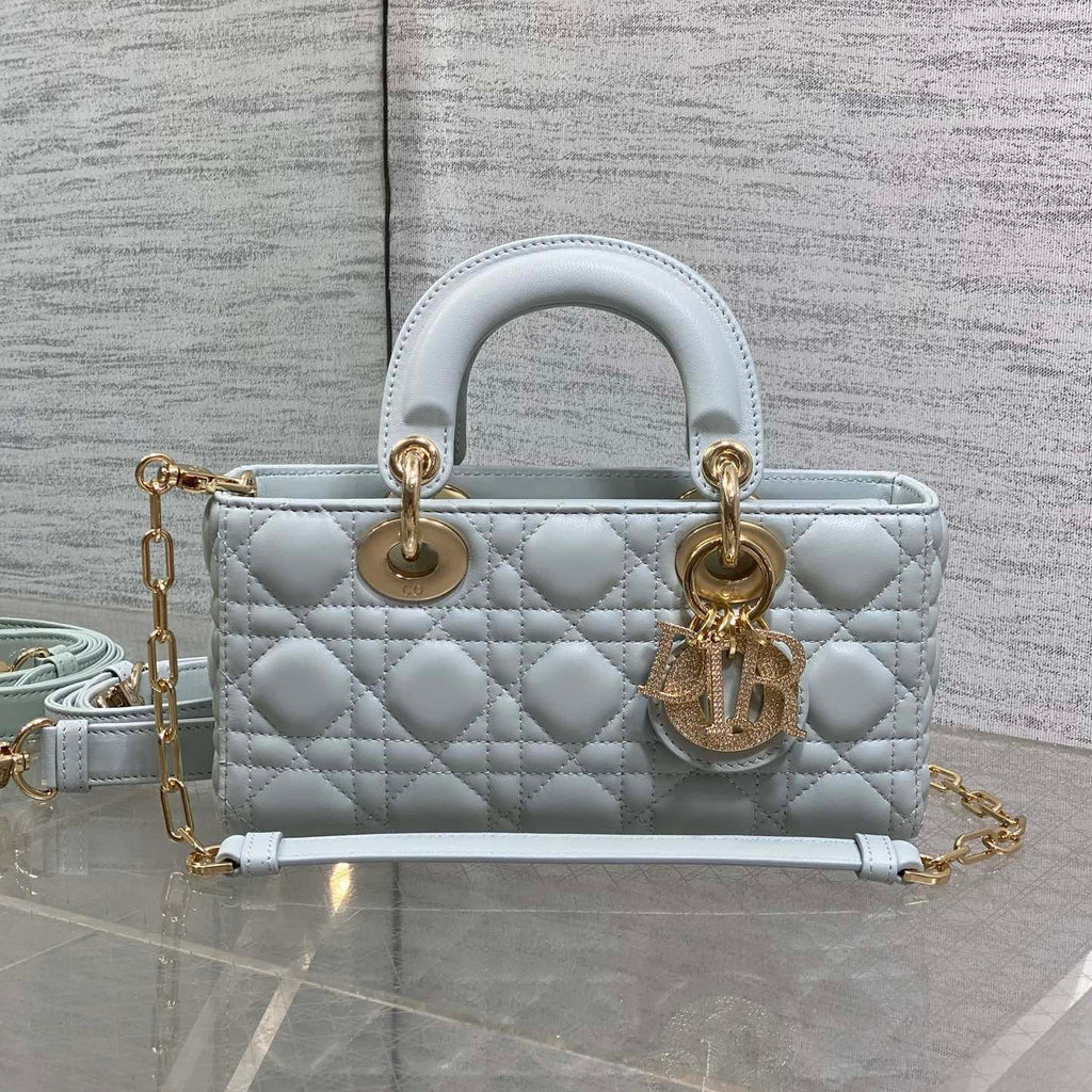 DIOR 25S SMALL LADY D鈥慗OY BAG 22 IN SHIRT BLUE CALFSKIN GOLD HARDWRE