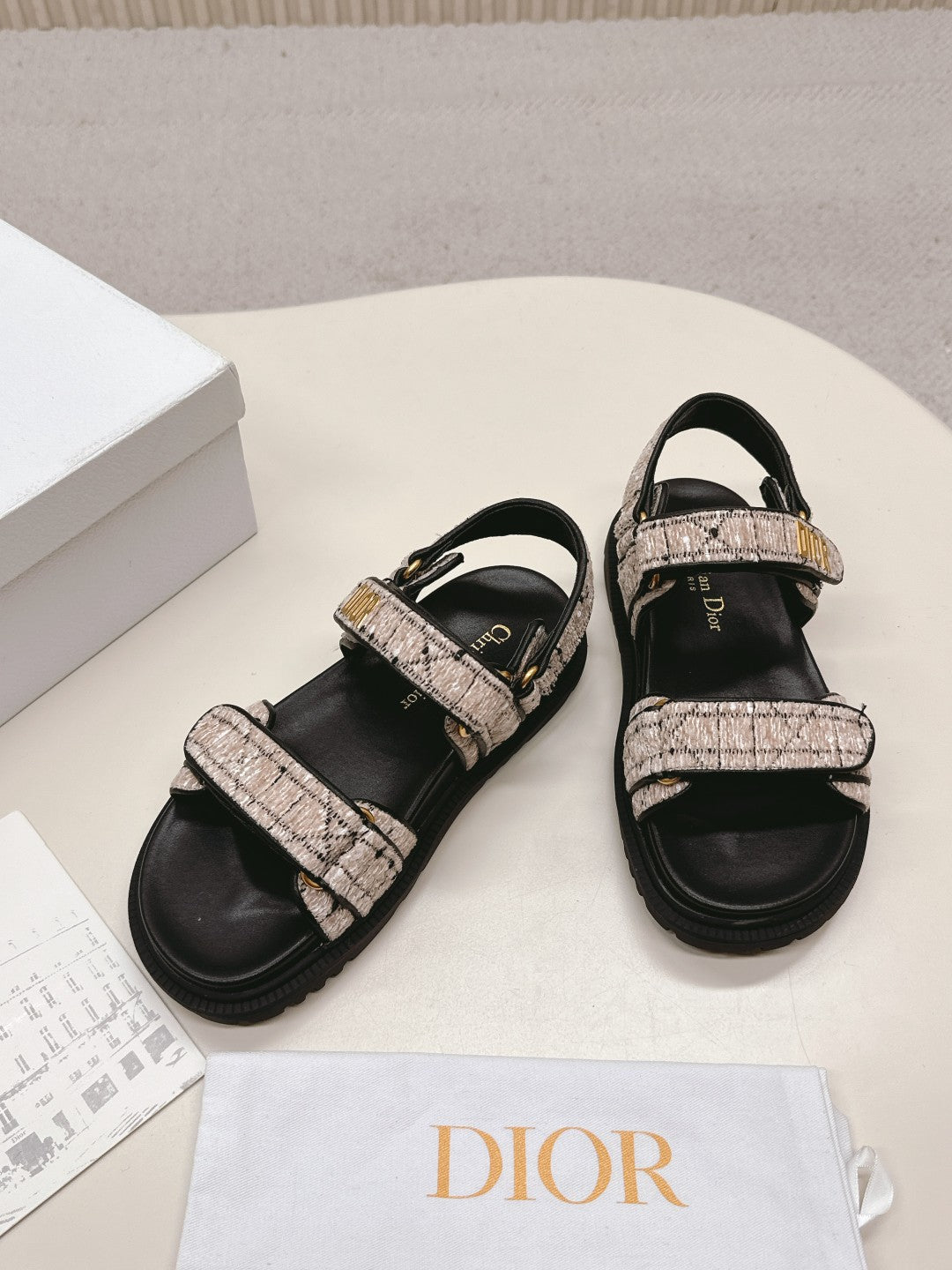 DIOR BACK-STRAP SANDALS 25S IN SOFT ROSE BEIGE TWEED AND BLACK CALFSKIN