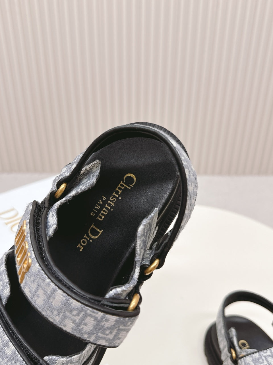 DIOR BACK-STRAP SANDALS 25S IN GREY FABRIC AND BLACK CALFSKIN WITH GOLD HARDWARE