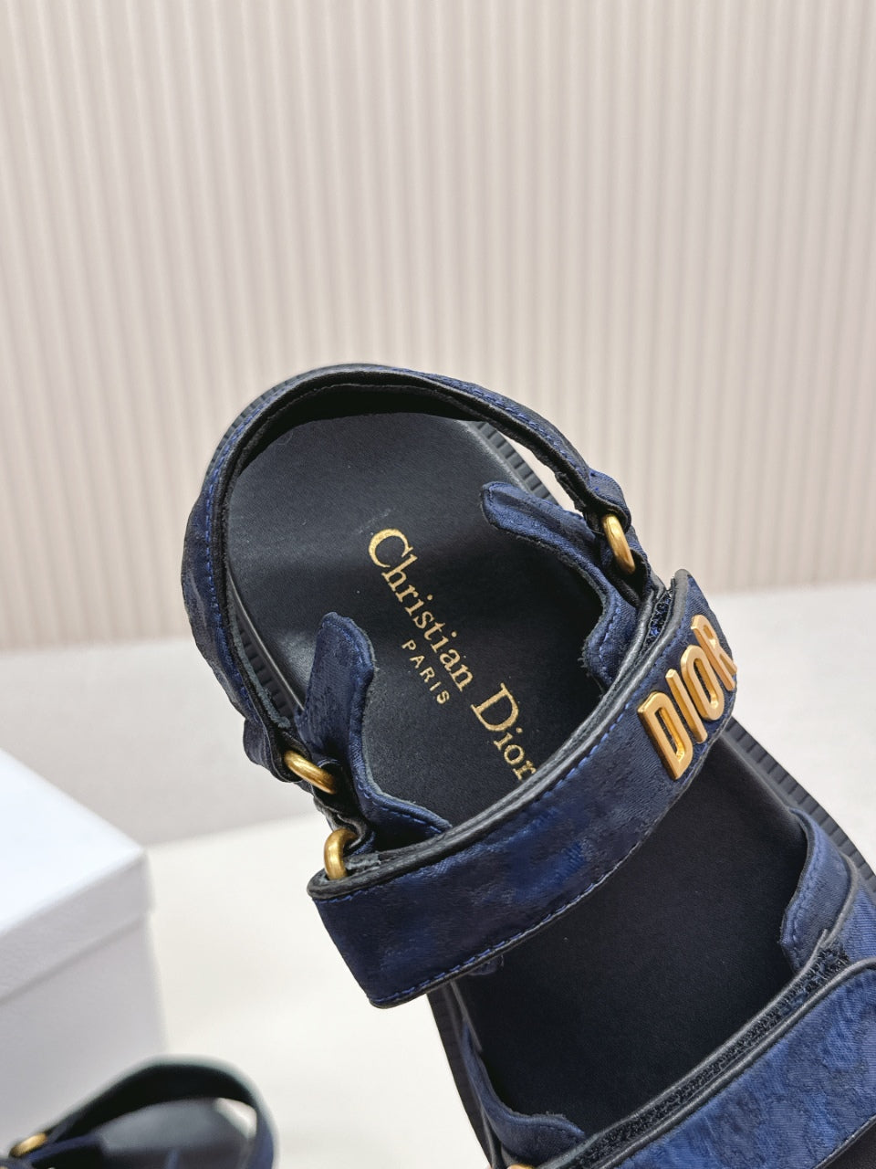DIOR BACK-STRAP SANDALS 25S IN MIDNIGHT BLUE FABRIC AND BLACK CALFSKIN WITH GOLD HARDWARE
