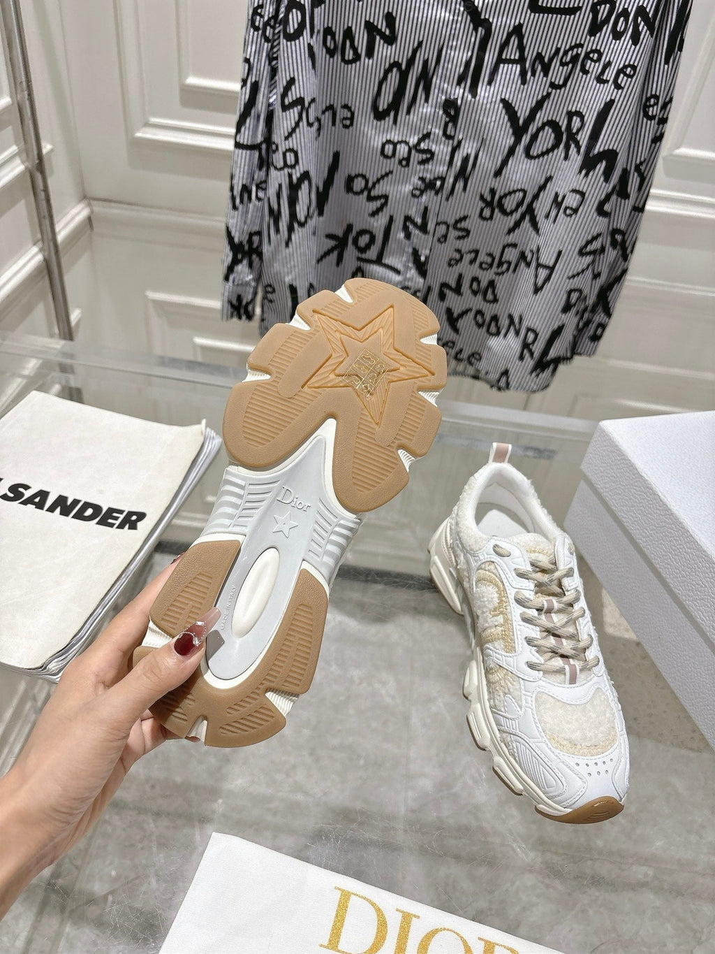 DIOR 25S MILE SERIES SNEAKERS 45MM IN WHITE CALFSKIN AND SHEARLING