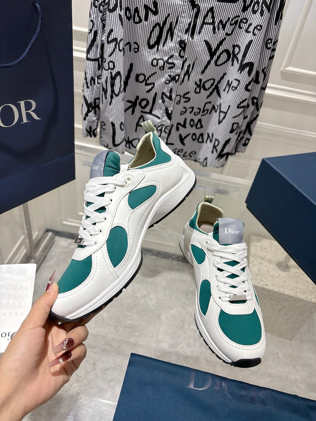 DIOR 25S MILE SERIES SNEAKERS 25MM IN WHITE DARK TEAL CALFSKIN