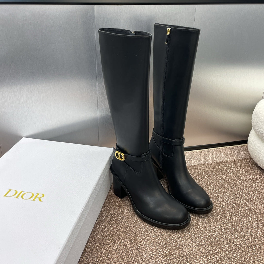 DIOR 25S MONTAIGNE TALL BOOTS 70MM IN BLACK CALFSKIN